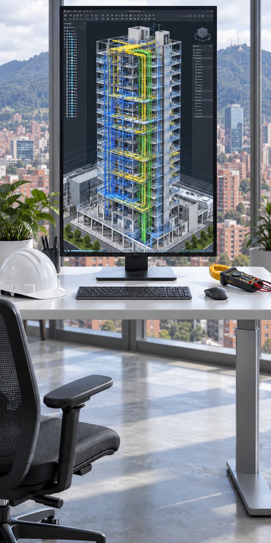Monitor vertical sobre un escritorio con el modelo 3D de un edificio y sus instalaciones eléctricas y de datos, junto a un casco blanco y una pinza amperimétrica, frente a una ventana con los cerros de Bogotá