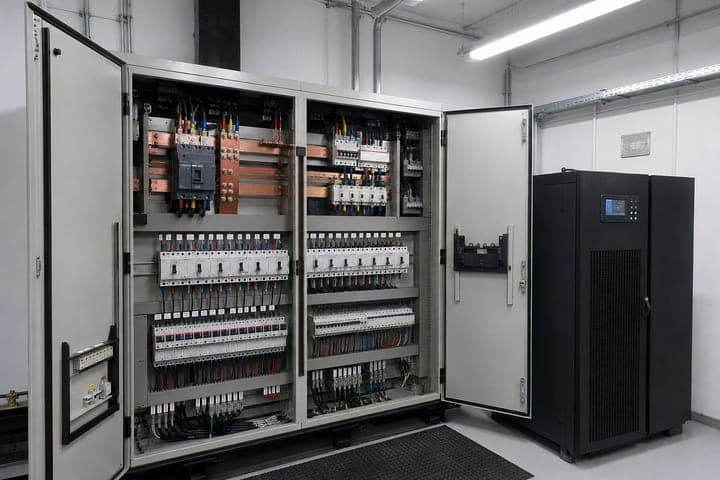 Tablero eléctrico con las puertas abiertas: barrajes de cobre, interruptor principal y dos filas de automáticos cableados. A la derecha, un gabinete de UPS con su panel de control