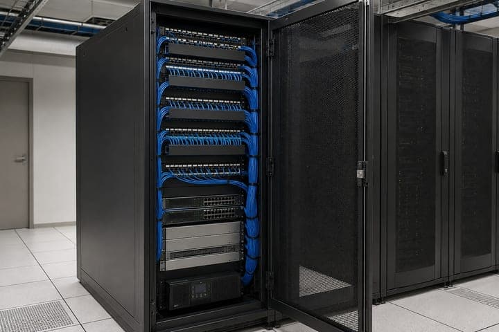 Rack de comunicaciones abierto en una sala técnica, con patch panels, cables de red azules peinados, switches y una UPS en la base. Al lado, más gabinetes cerrados sobre piso técnico