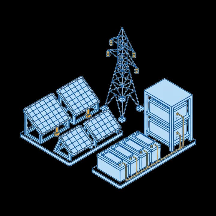 Dibujo técnico de un conjunto de paneles solares sobre estructura, una torre de transmisión y un banco de baterías de respaldo con su gabinete