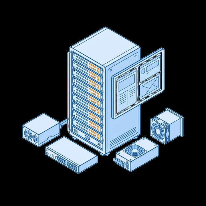 Dibujo técnico de un rack de servidores con sus testigos, dos pantallas y componentes de hardware sueltos alrededor