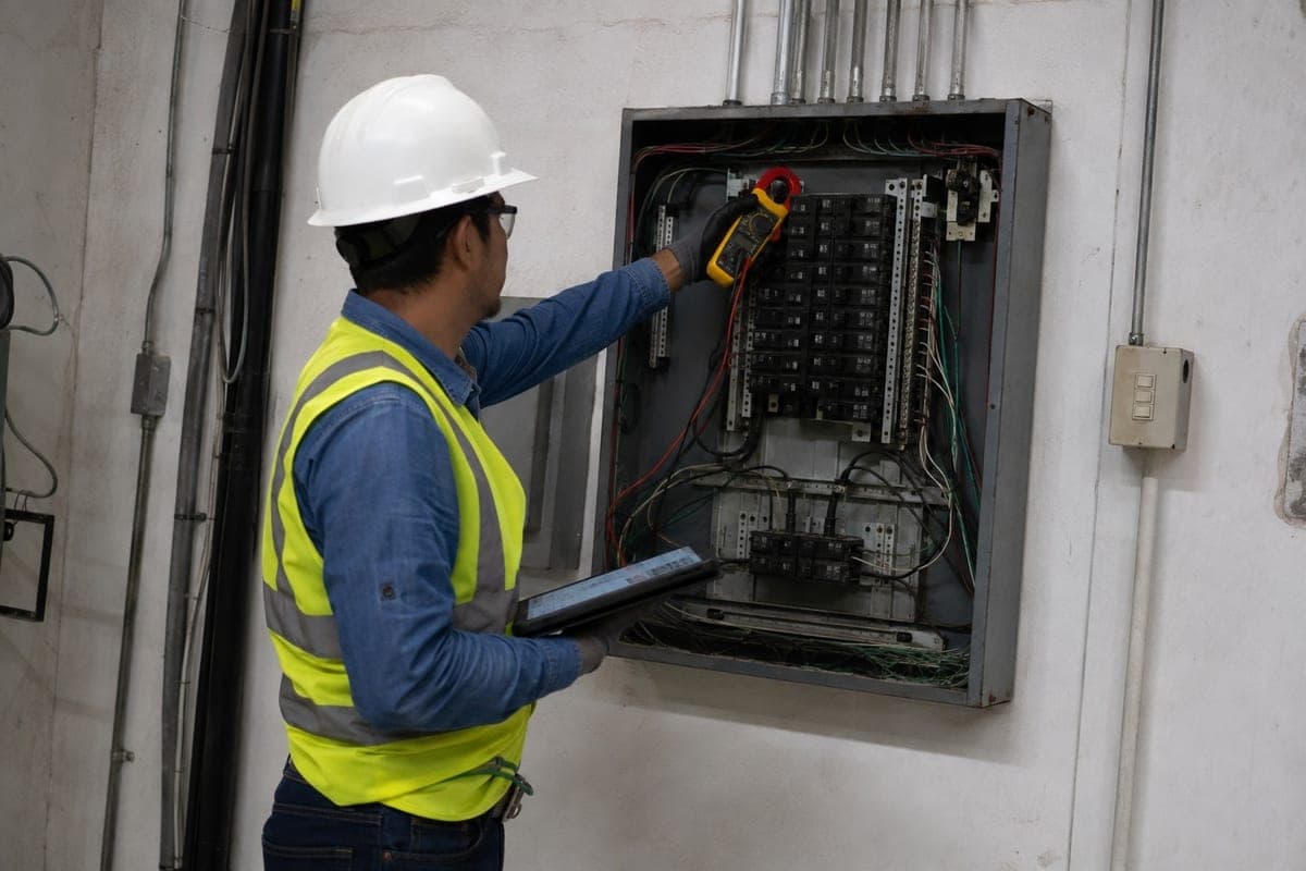 Técnico de MaSoVi midiendo en sitio sobre un tablero eléctrico existente