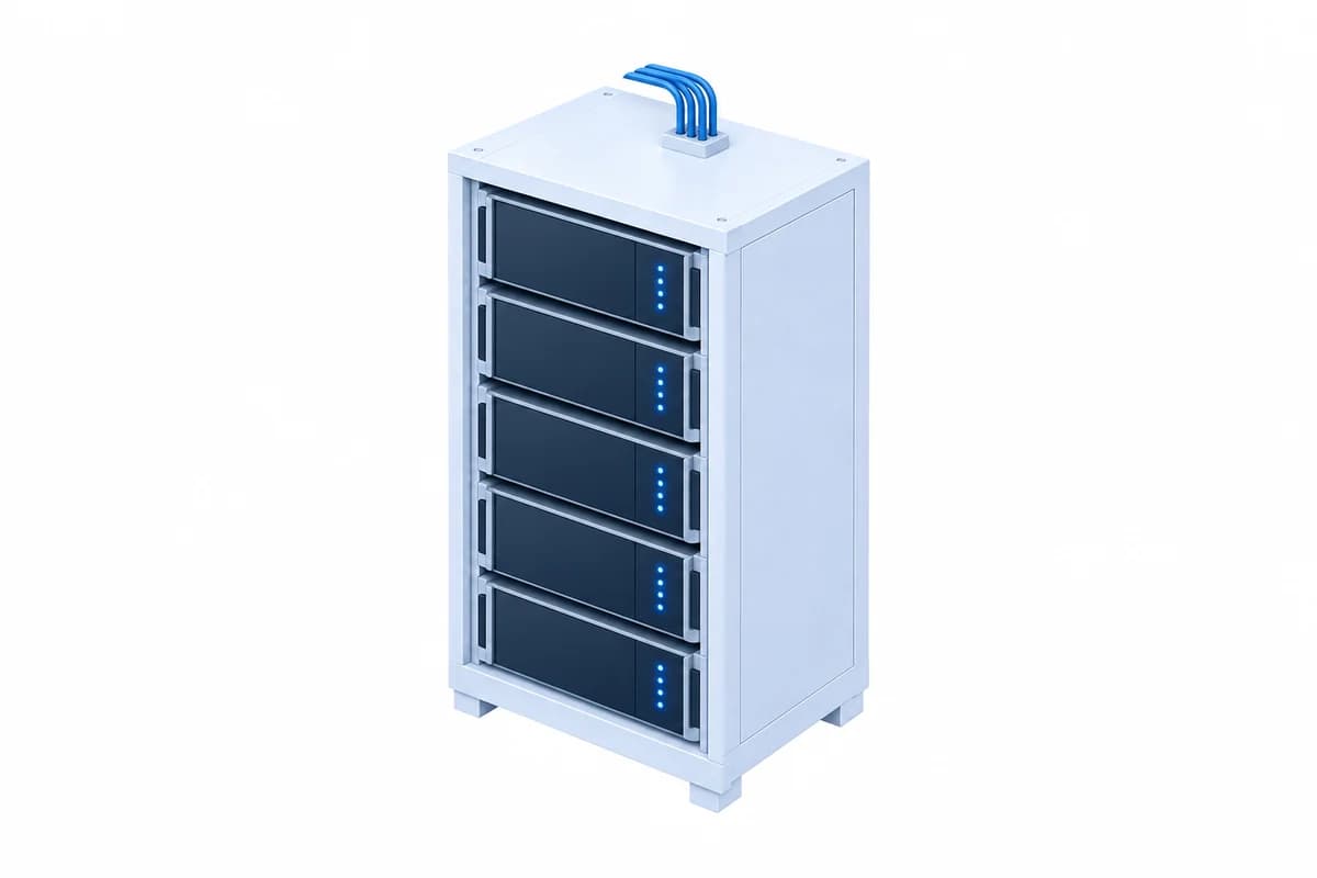 Render de un rack con módulos de baterías de litio apilados
