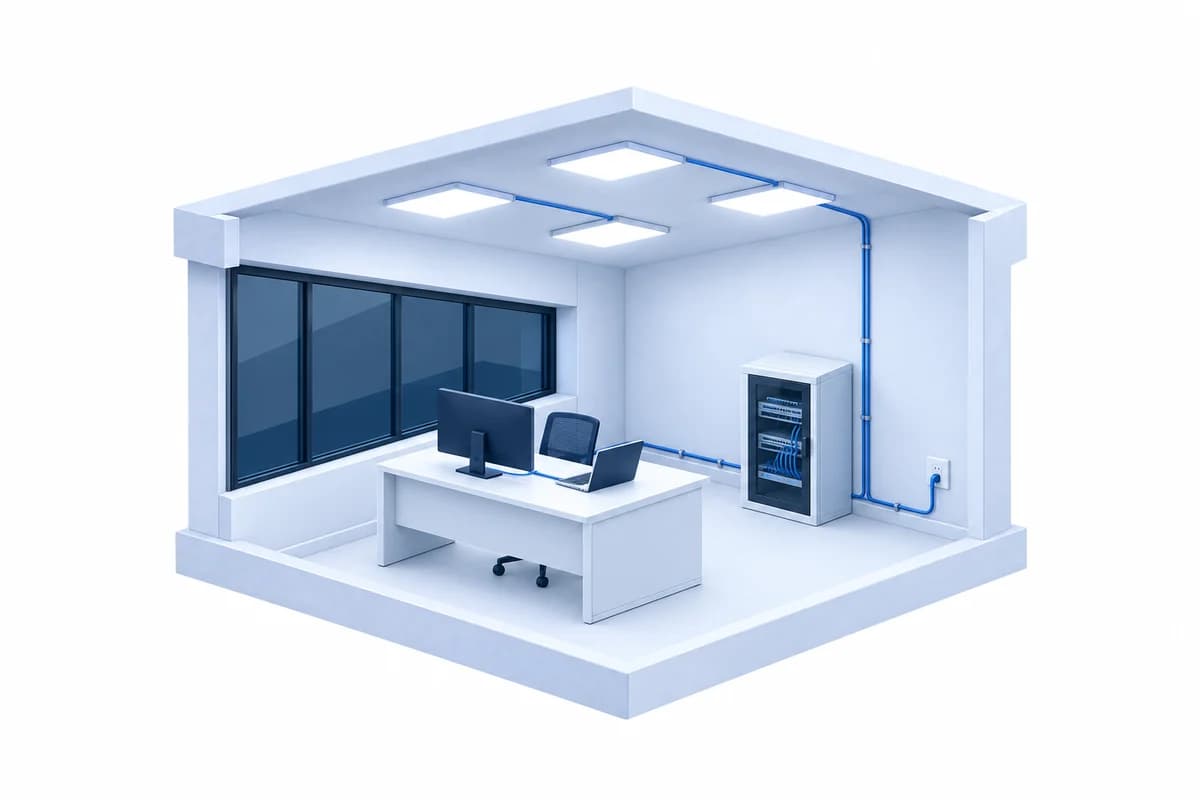 Render de una oficina con computador, luminarias LED y rack de red alimentados por la instalación