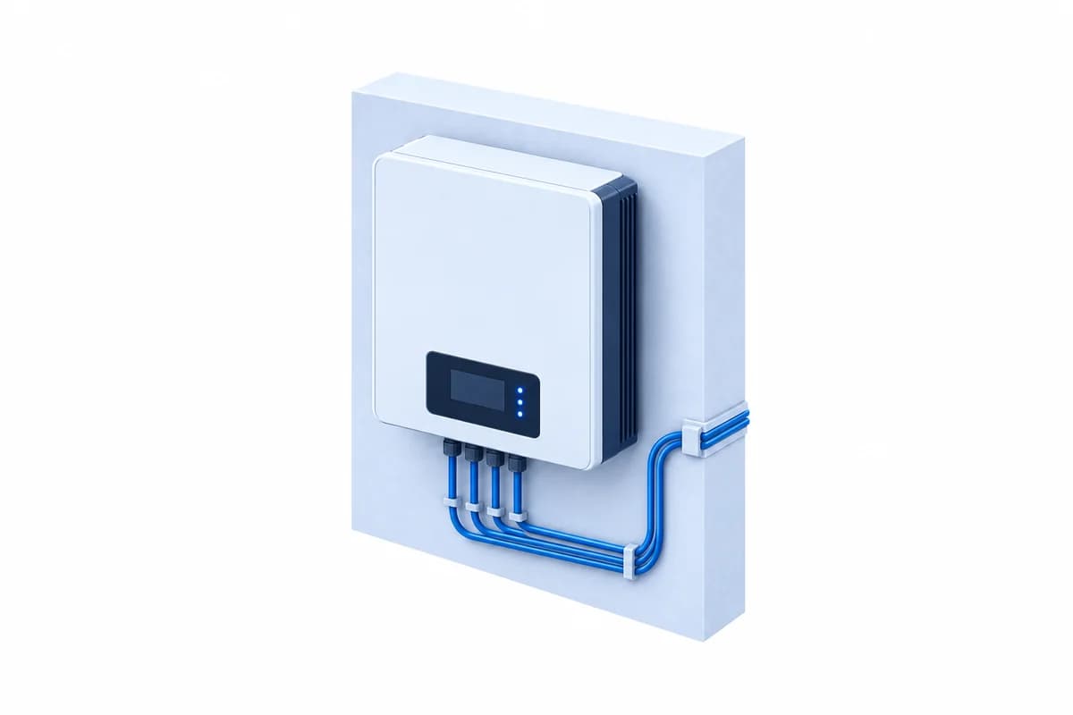 Render de un inversor híbrido de pared con pantalla y cables de conexión