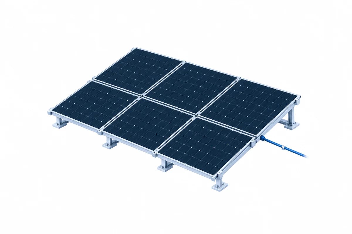 Render de un arreglo de paneles solares monocristalinos sobre estructura de aluminio inclinada