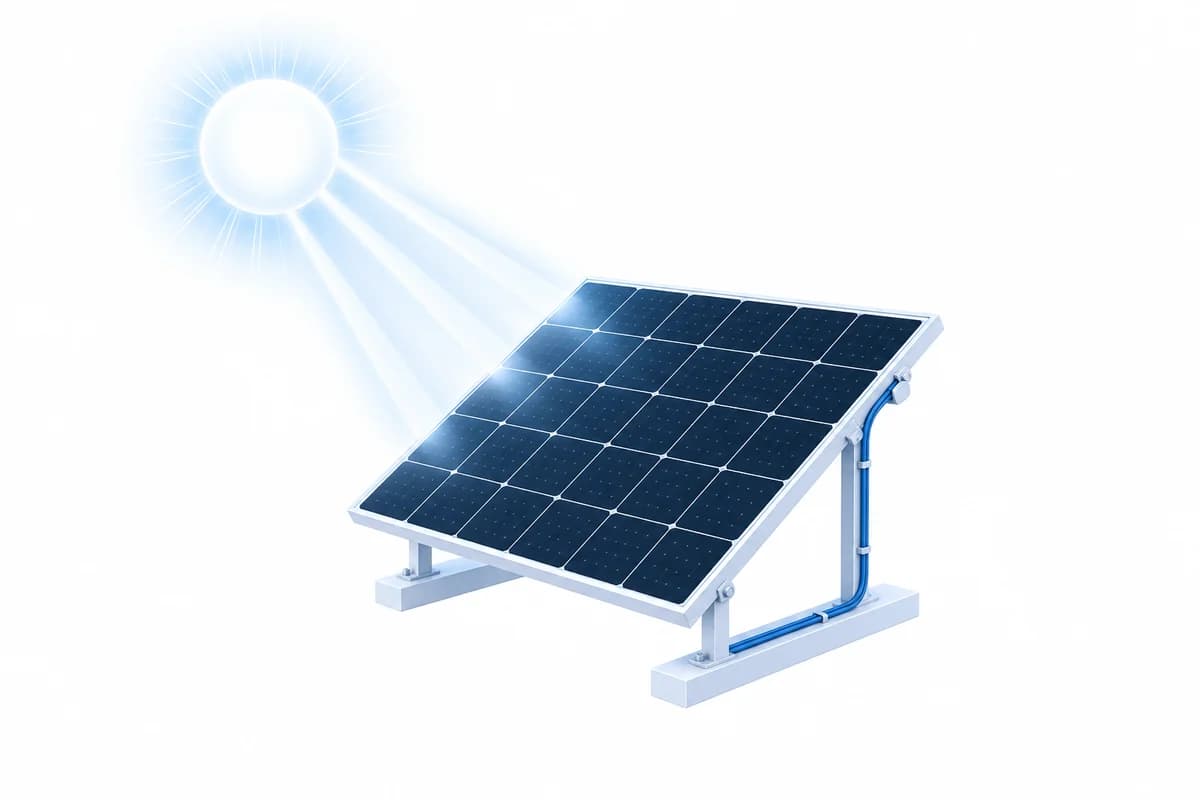 Render de un sol luminoso que envía haces de luz sobre un panel solar monocristalino
