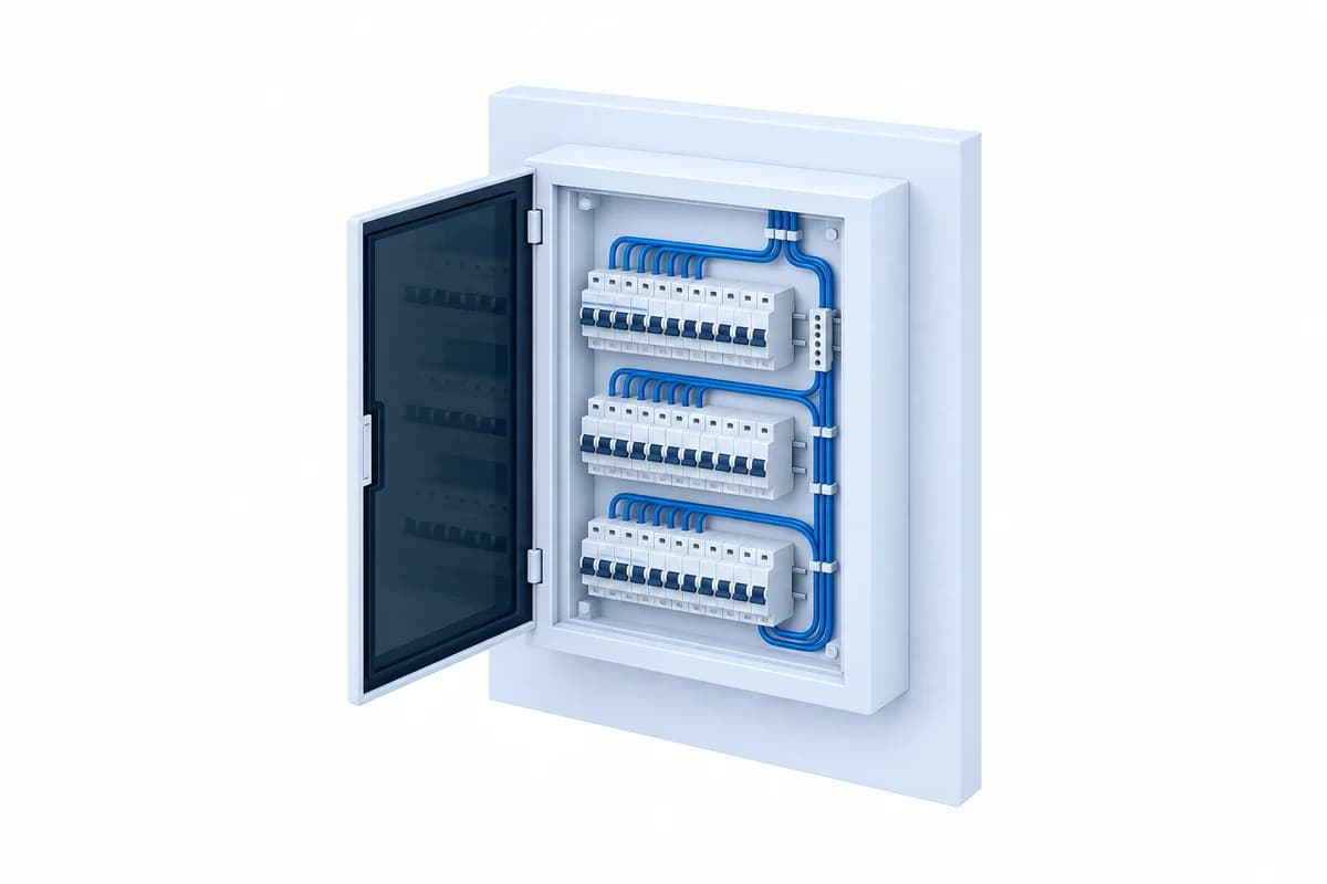 Render de un tablero eléctrico abierto con interruptores en riel DIN