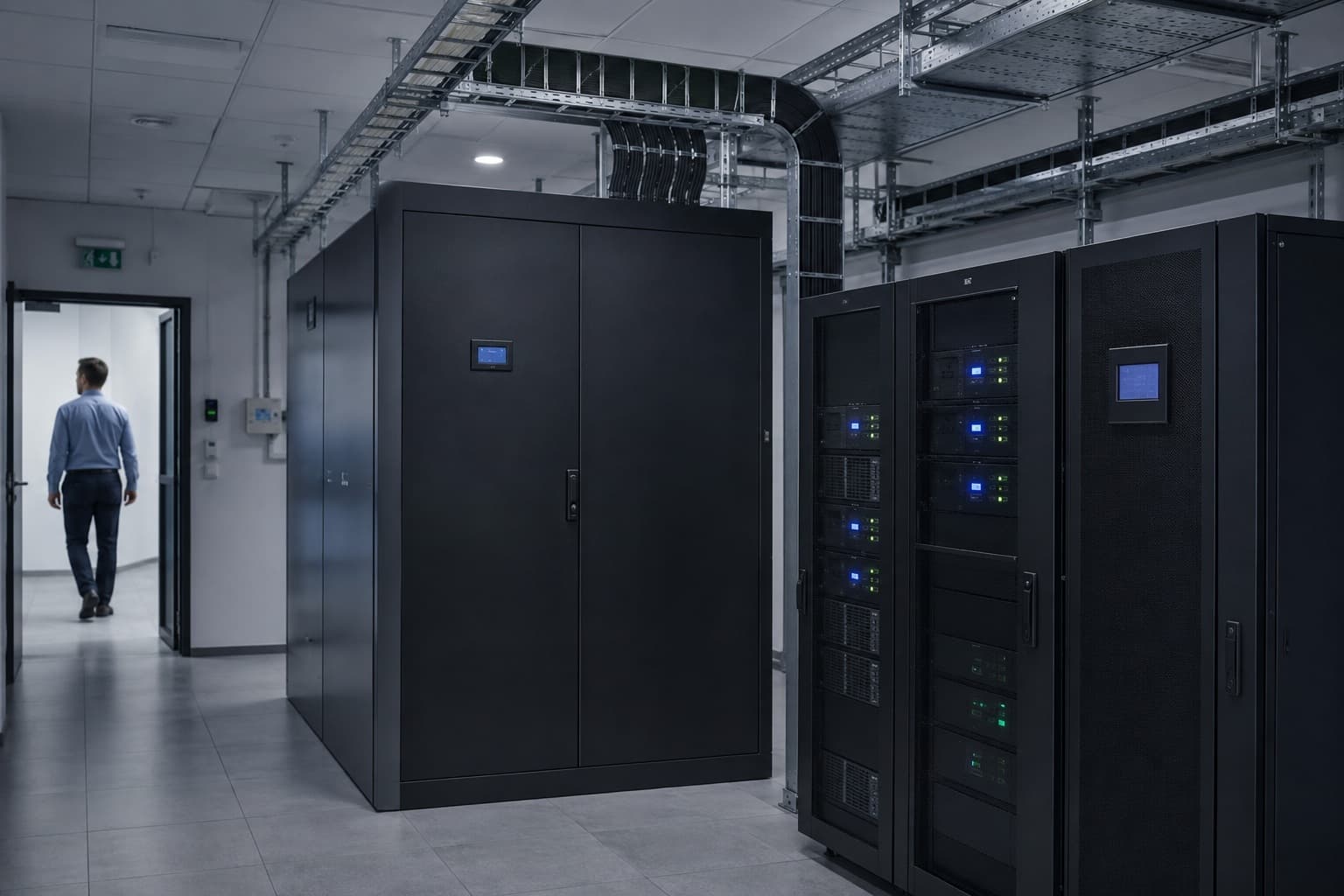 Sala técnica con racks encendidos y un gabinete cerrado con panel de control, bajo bandejas portacables. Al fondo, una persona se aleja por el pasillo.